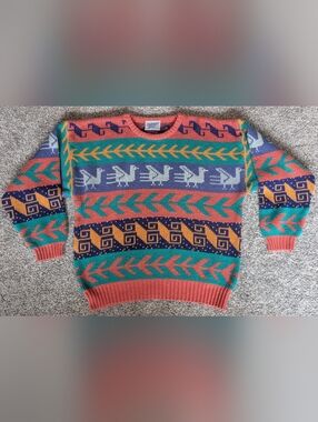 Vintage Midnight Blues Sweater Size Large Geometric Colorful Abstract Y2K